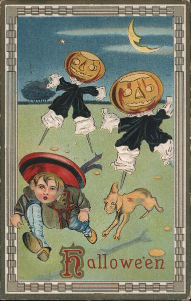 Boy Running from Jack O'Lanterns: Hallowe'en Halloween
