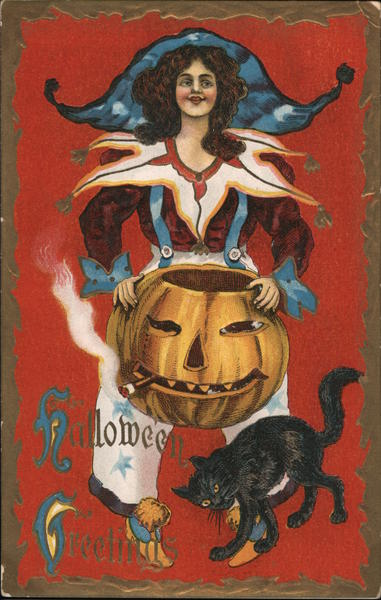 Costumed Woman With Jack O'Lantern and Black Cat Halloween