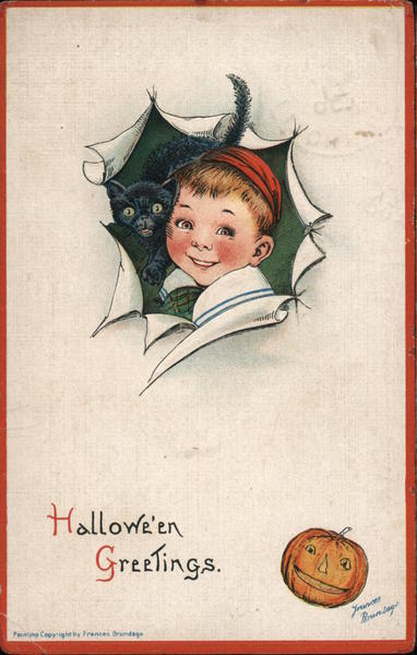 Hallowe'en Greetings: Boy with Black Cat Frances Brundage
