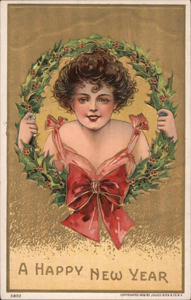 A Happy  New  Year  Woman  in Wreath Beautiful Ladies Postcard