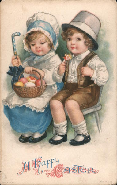 A Happy Easter: Two Children with Basket of Eggs Ellen Clapsaddle
