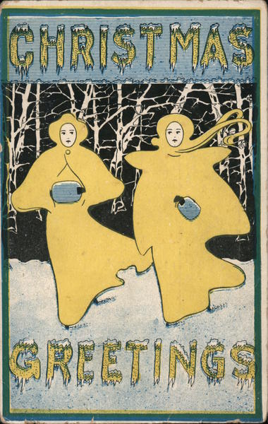 Christmas Greetings - Two Women With Muffs Walking in Snow