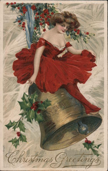 Christmas Greetings - A Woman in a Red Dress Sitting on a Bell