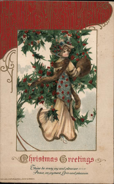 Christmas Greetings - A Woman Wears Furs and Festive Holly