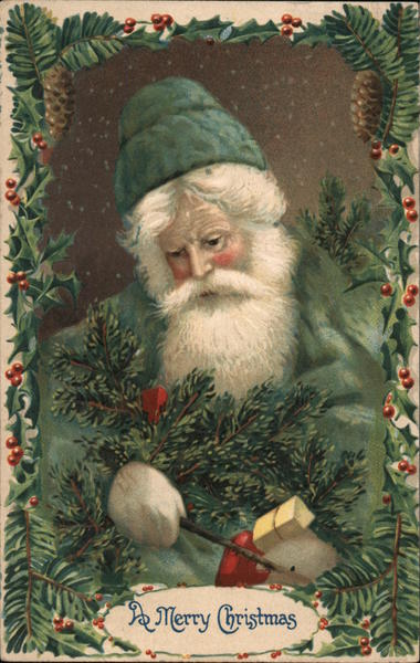 A Merry Christmas - Santa Hold Holly Branches and Toys as Snow Falls
