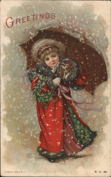 Greetings: Girl In Snow With Umbrella Maud Humphrey