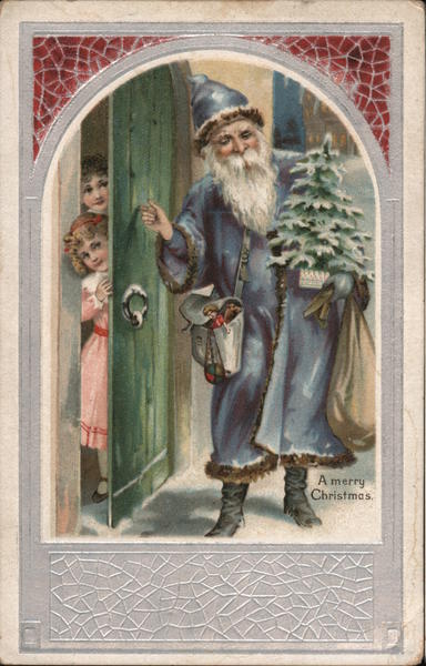 Children Answering a Knock on the Door From Santa in Blue