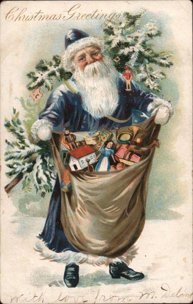 Christmas Greetings, Santa in Blue Santa Claus