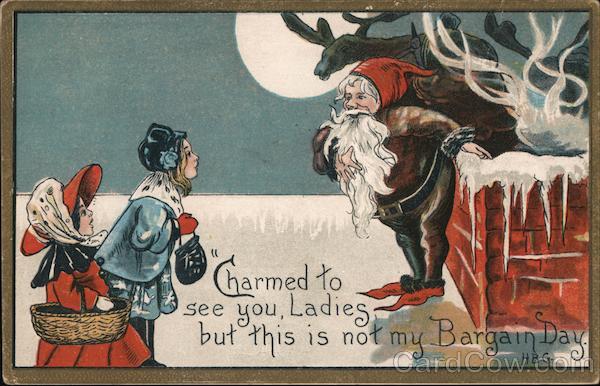 Two Ladies Greeting Santa Elf Santa Claus