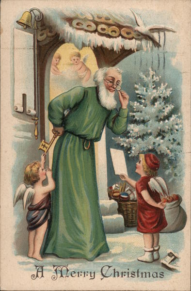 A Merry Christmas - Angels Bringing Letters to Santa in Green