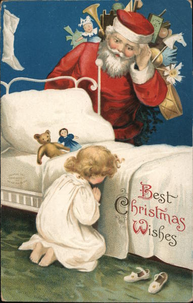 Santa watching a child praying Ellen Clapsaddle Children