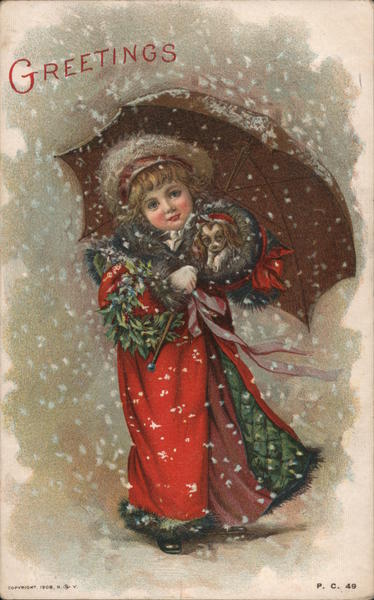 Greetings: Girl In Snow With Umbrella Children