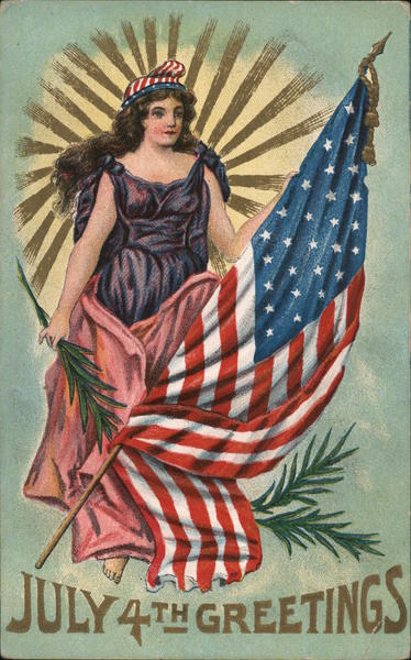 July 4th Greetings: Lady Liberty with Flag 4th of July