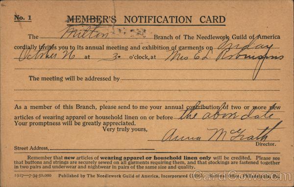 Member's Notification Card: The Needleworks Guild of America