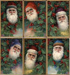 Set of 6: Santas Heads, Various Colors Series 1480 Postcard