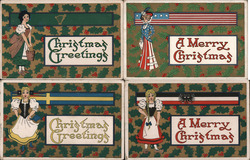 Set of 4: Christmas Greetings Ireland, USA, Sweden, Germany Women Postcard