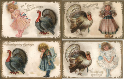 Set of 4: Girls with Turkeys Postcard