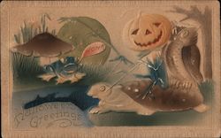 Airbrushed Animals and Moon: Halloween Greetings Postcard