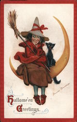 Witch and Cat on Moon - Halloween Greetings Postcard