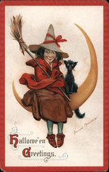 Witch and Cat on Moon - Halloween Greetings Postcard