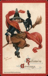 Halloween Greetings: Witch and Cat on Broom Postcard
