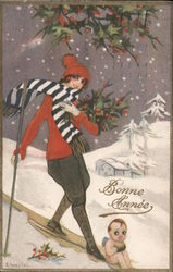 Bonne Annee: Woman on Skis Carrying Holly Postcard