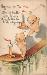 Two Kewpies Blowing Out Candles on Bannister Postcard