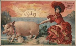 A Happy New Year 1910: Woman in Red with Pig and Coins Postcard