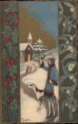 Bonne Annee - Woman Headed to Church Christmas Postcard Postcard Postcard