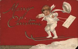 Christmas Greetings - Child in white Skiing Children Postcard Postcard Postcard