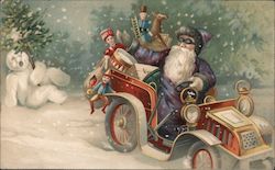 Santa In Purple, Car, Snowman Postcard