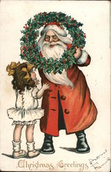 Santa Holding a Wreath Looking at a Little Girl Postcard