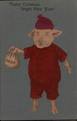 Merry Christmas Bright New Year! Pig Carrying a Bag of Money Postcard