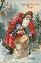 Loving Christmas Wishes - Santa Stuffing Boy into Sack Postcard