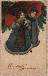 Christmas Greetings Girls Under and Umbrella Postcard