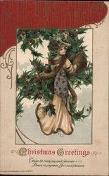Christmas Greetings - A Woman Wears Furs and Festive Holly Postcard
