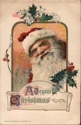 A Joyous Christmas - Santa Claus Smiling Surrounded by Holly Postcard