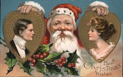 Santa holds Heart Shaped Cameos of a Young Man and Woman Postcard