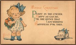 Child holds Holly Wreath and Cat Drinks Milk Postcard