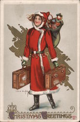 Christmas Greetings - Female Santa with Suitcases and Toys Postcard