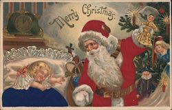 Merry Christmas - Santa Looking Over a Girl Sleeping in a Bed Postcard