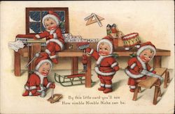 Small Kewpie Elves in Santa's Workshop Christmas Postcard Postcard Postcard