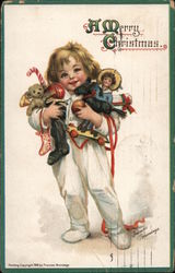 Smiling Child in Pajamas Holds Christmas Treats and Toys Children Frances Brundage Postcard Postcard Postcard