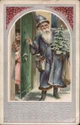 Children Answering a Knock on the Door From Santa in Blue Postcard