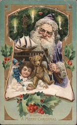 Santa in Purple Looking Over a bed with a Little Girl Sleeping Postcard