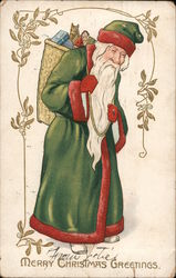 Santa in Green Carrying a Pack of Toys Postcard