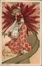 Woman Dressed in Poinsettia Dress Poses in Front of Poinsettia Background Christmas Samuel L. Schmucker Postcard Postcard Postcard