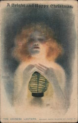 A Bright and Happy Christmas: Woman Chinese Lantern Postcard
