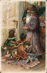 Children Gather Around Purple Santa's Feet as He Brings Gifts Postcard