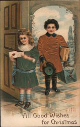 All Good Wishes for Christmas - Two Girls Carrying Packages Postcard